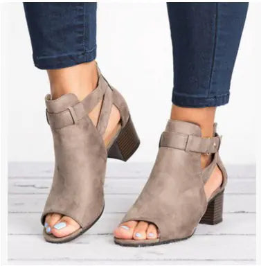 Peep-Toe Chunky Heel Sandals with Buckle