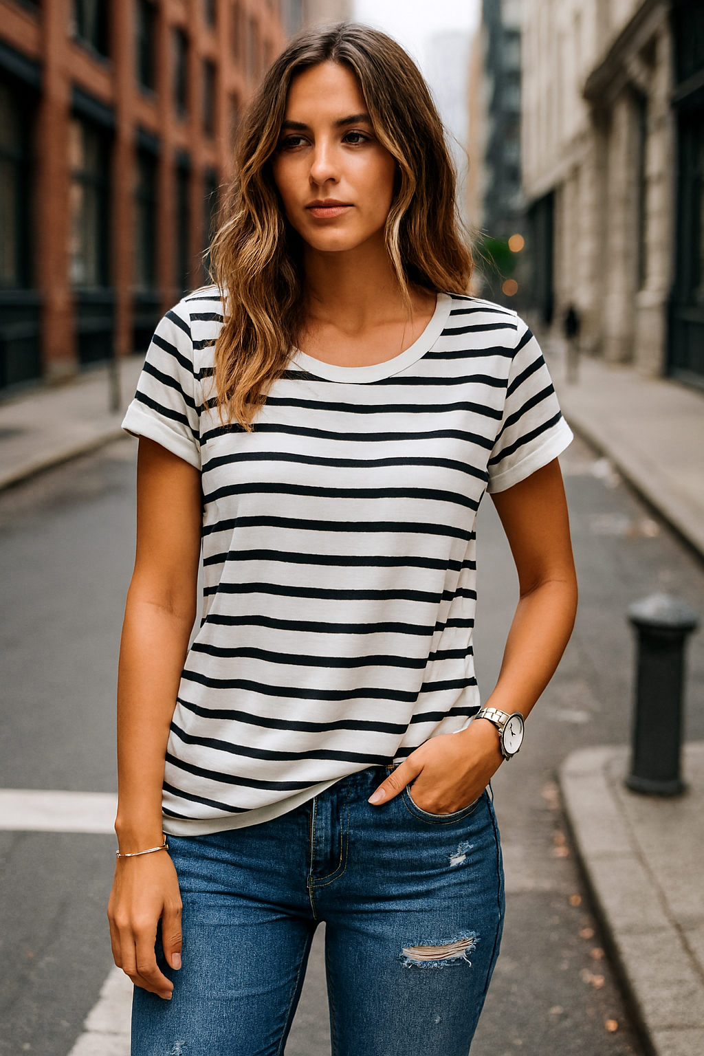 Striped Short Sleeve Loose T-Shirt for Women