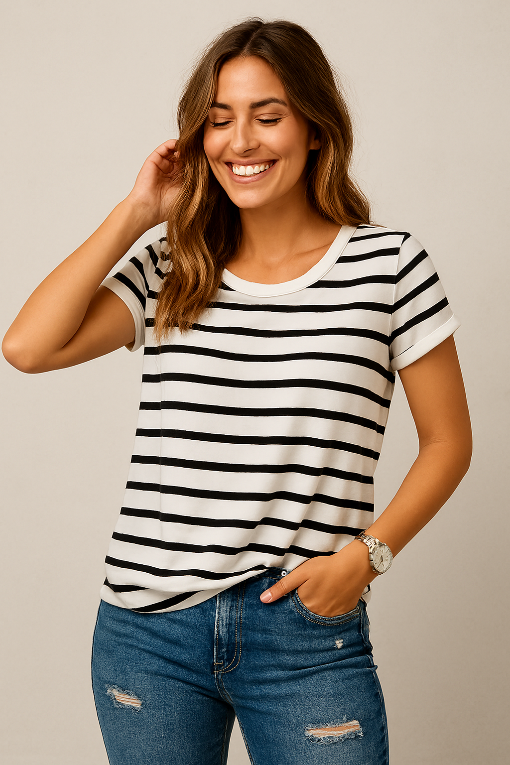 Striped Short Sleeve Loose T-Shirt for Women