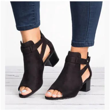Peep-Toe Chunky Heel Sandals with Buckle