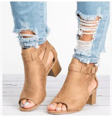 Peep-Toe Chunky Heel Sandals with Buckle