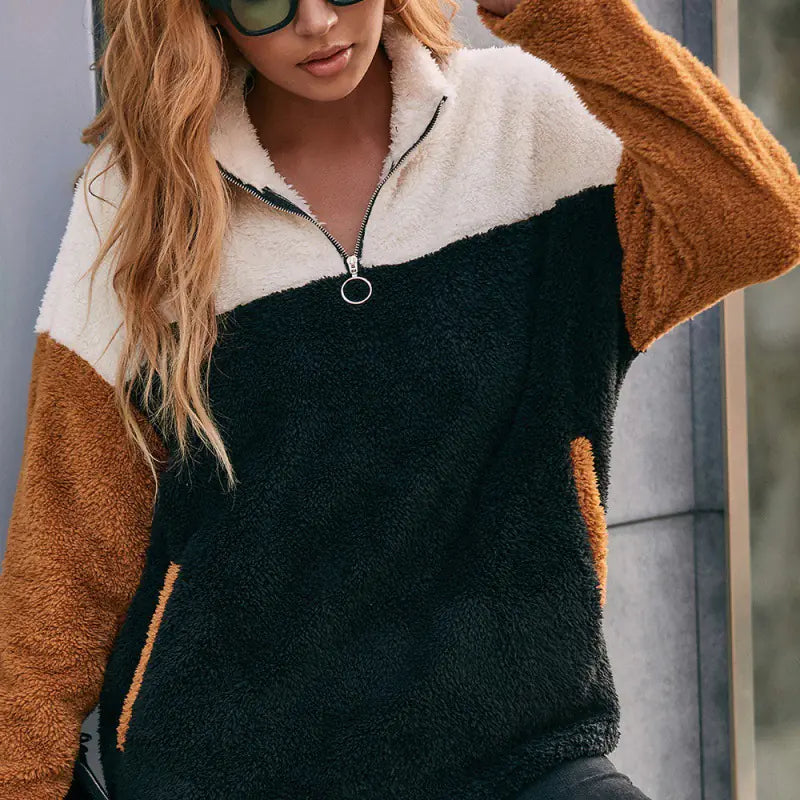 Double-Sided Plush Panel Pocket Sweatshirt