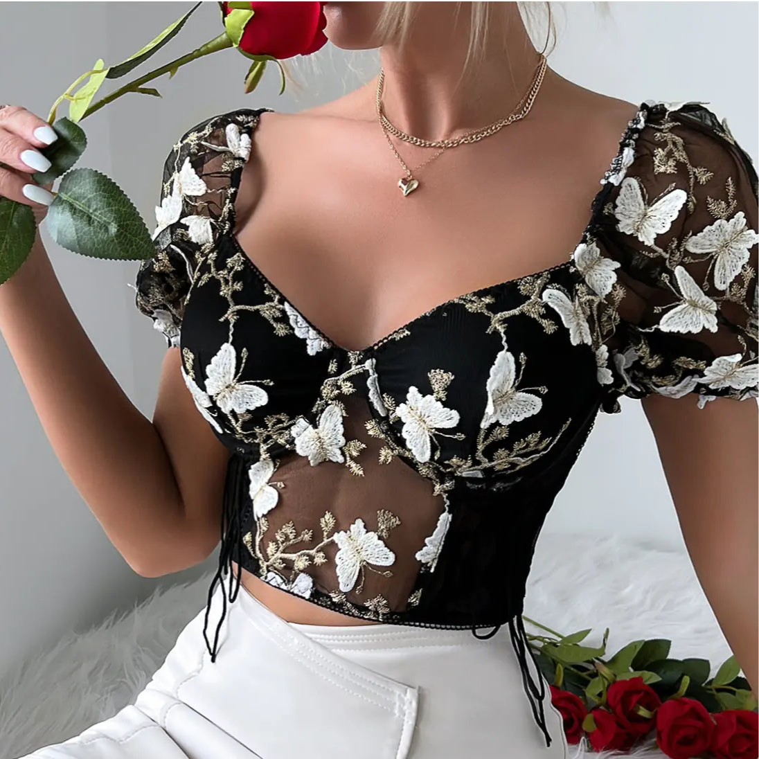 Embroidered Butterfly Mesh Crop Top for Women