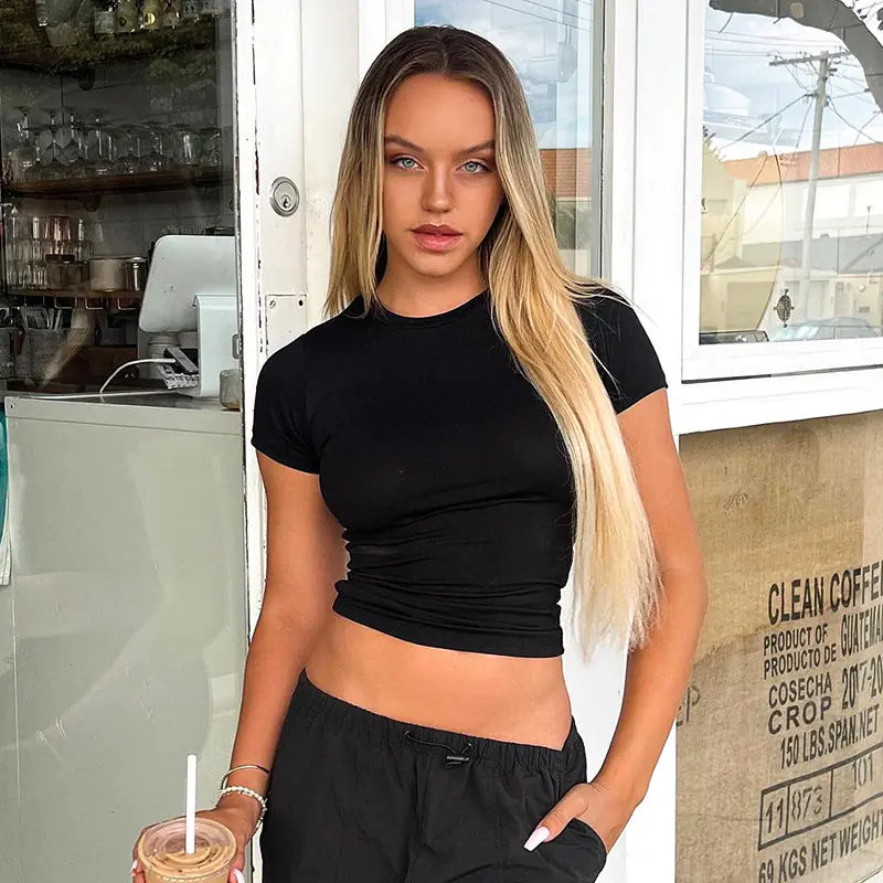 Casual Solid Color Cropped T-Shirt for Women